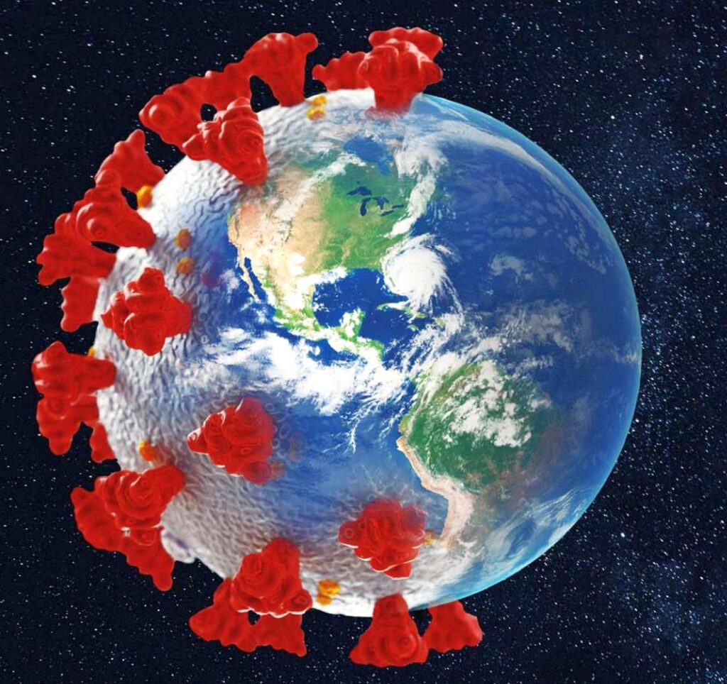 Immagine del pianeta Terra circondato da rappresentazioni artistiche del virus COVID-19, simbolo della pandemia globale, con uno sfondo stellato nello spazio.